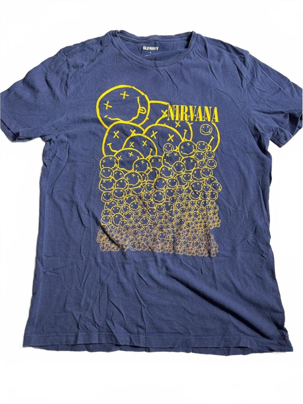 Old Navy Nirvana Graphic T-Shirt Navy Blue Yellow Smiley